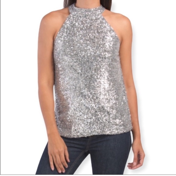 Cable & Gauge Tops - Cable & Gauge Shimmering Silver Sequin Blouse